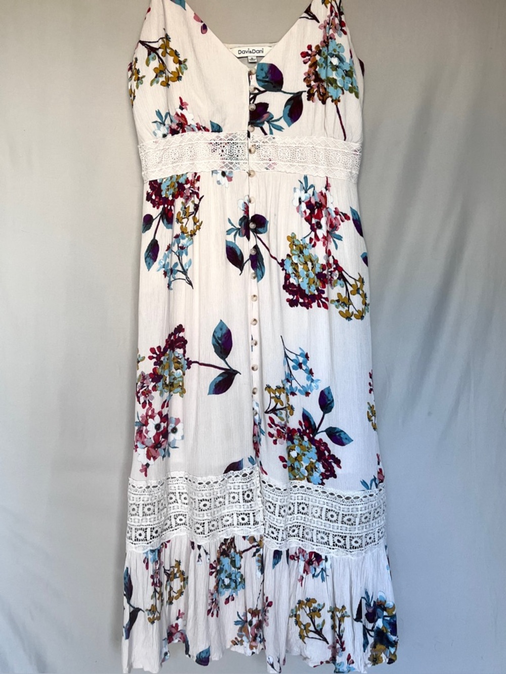Davi & Dani Floral Maxi Dress Boho Button Front Lace Trim with Pockets • Size XL